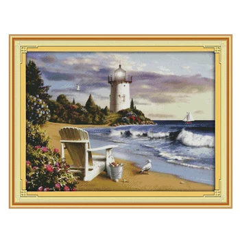 

Joy Sunday crossstitch The lighthouse sea beach DMC14CT11CTcottonfabric livingroom dininghall restaurant home hotel painting