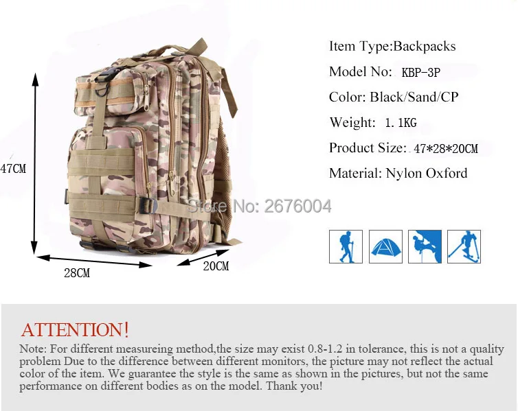 Tactical Molle 3P Assault Backpack Outdoor Sports Military Camping Hiking Climbing Rucksack Trekking Hunting Bag