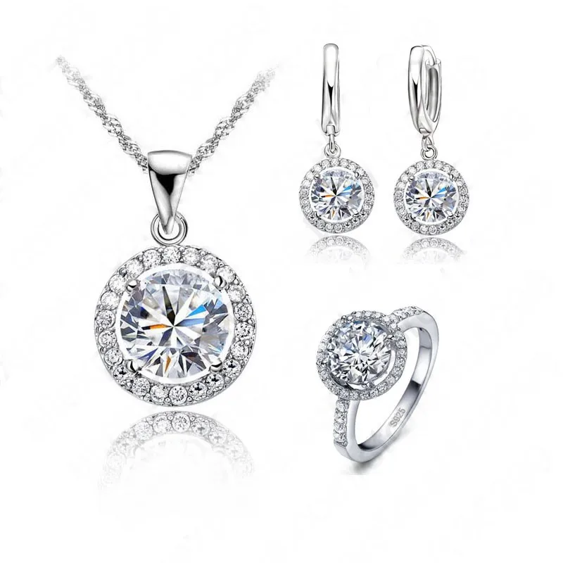 Top Quality Exquisite Women Wedding Necklace Earring Ring Jewelry Set 925 Sterling Silver Platinum Plated Crystal | Украшения и