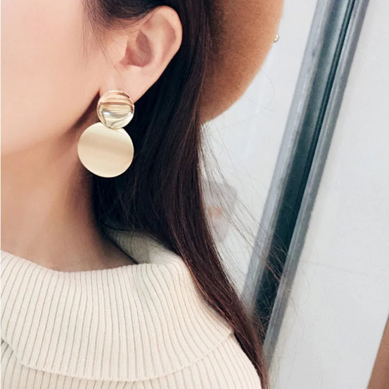 8 Punk Double Circle Metal Round Coin Disc Dangle Earrings For Women Gold Silver Jewelry Simple Geometric Drop Dangle Earrings
