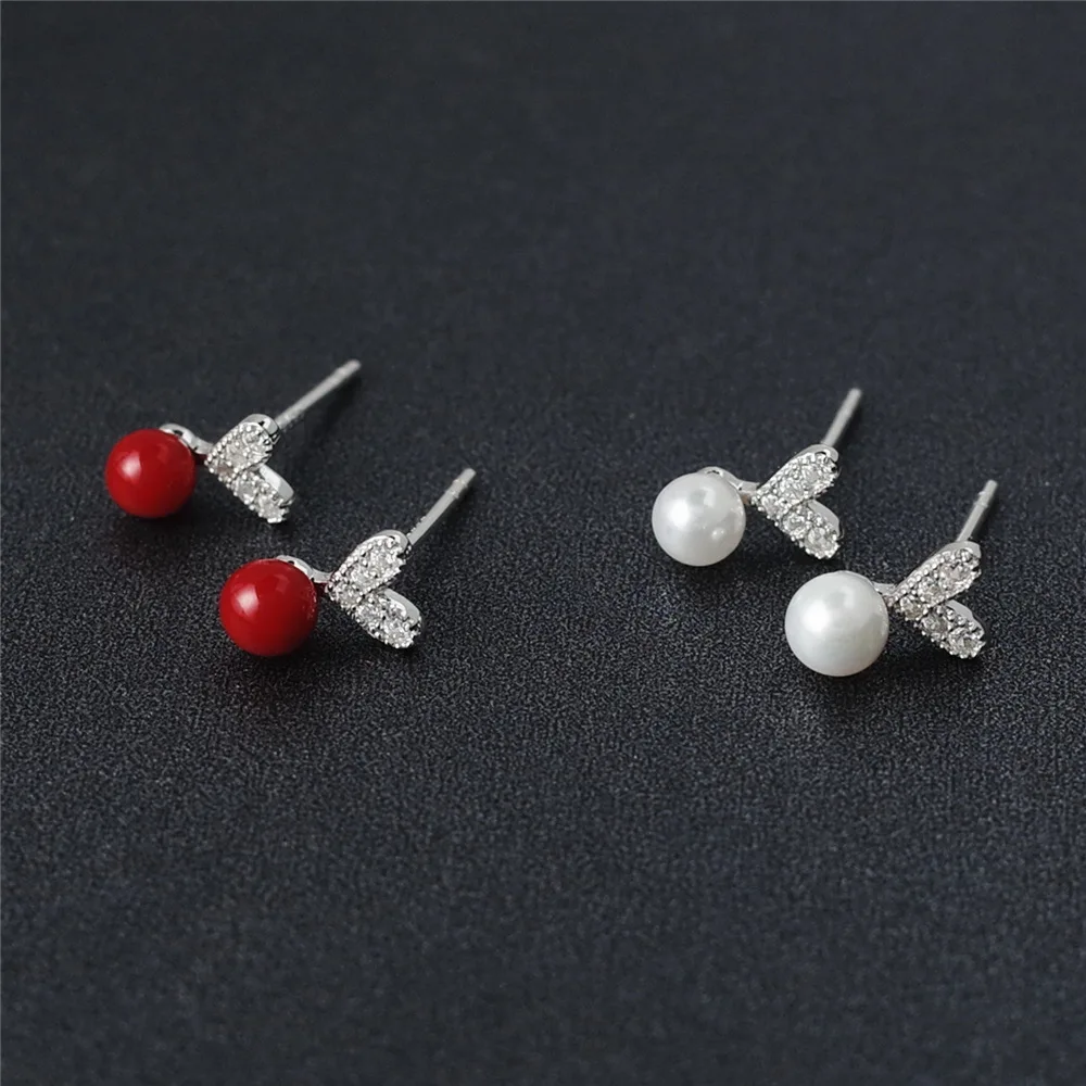 red bead heart cz earrings 100% 925 Sterling silver Jewelry fashion Hypoallergenic Stud earrings for women gift