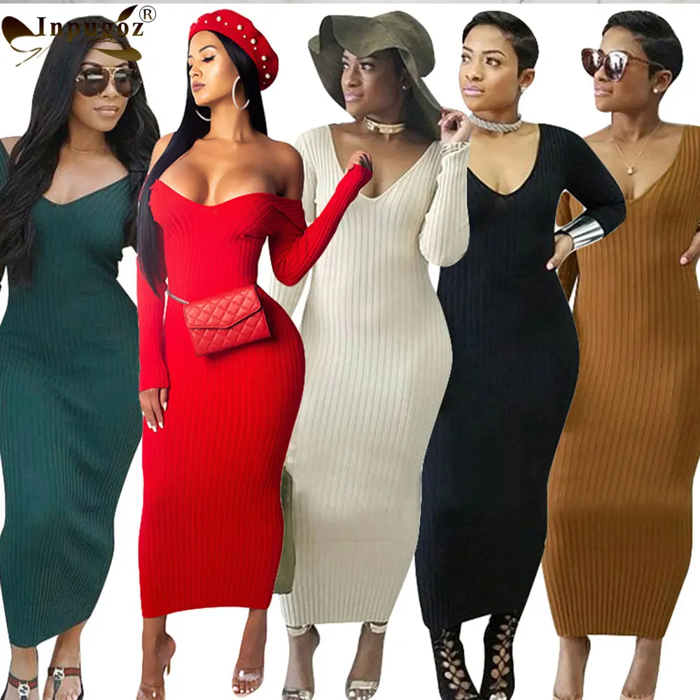 

Solid Rib Knit Maxi Long Dress V Neck Women Full Sleeve Casual Sheath Women Long Dresses