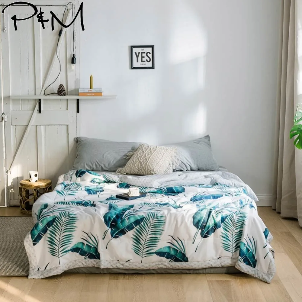 

2019 Blue Green Leaves Pastoral Stitching Comforter Summer Quilt Cotton Fabric Quilting Blanket Twin Full Queen Size Bedspread