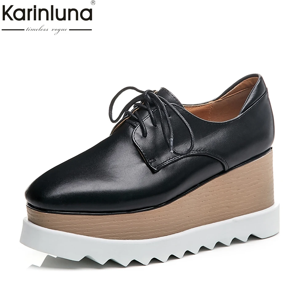 

brand top quality big size 42 cow genuine leather flat platform women shoes girls shoelaces leisure shoes woman flats 2019