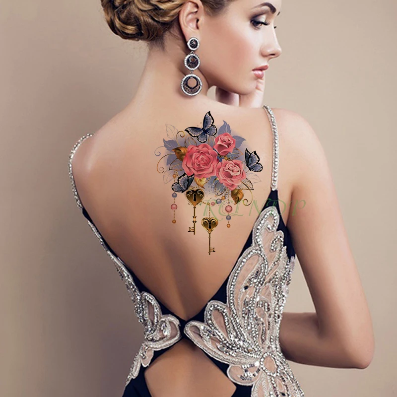Водостойкая временная татуировка наклейка розовый цветок золотой ключ колье «бабочка» искусственные татуировки тату флэш-тату для девушек женщин и мужчин - Цвет: Коричневый