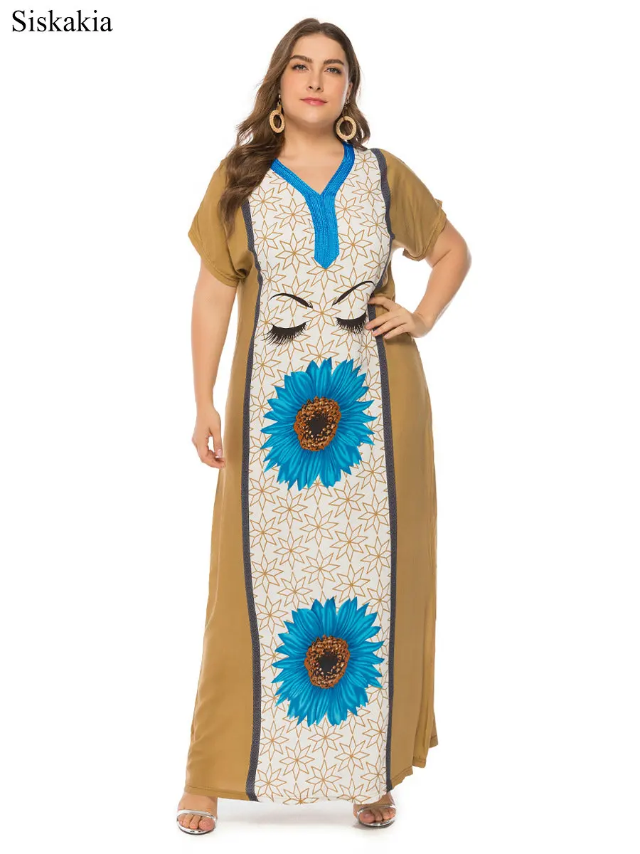 Siskakia Retro Maxi Long Dress Women Flower Print Big Size Viscose Fabric Summer Dresses V neck Short Sleeve Size XXL XXXL 2019 (3)