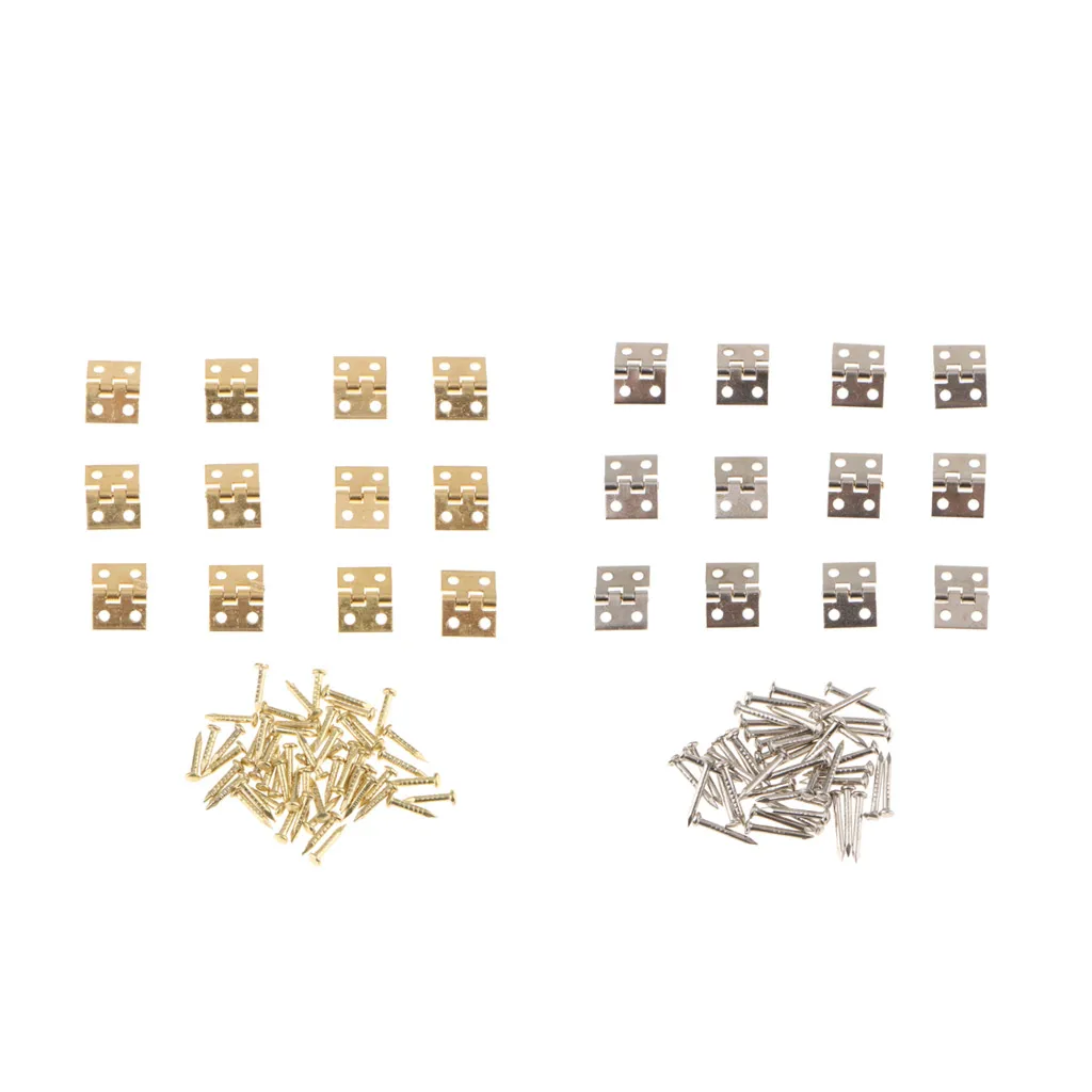24Pcs Small Mini Metal Hinges Jewellery Box Dollhouse Hinge with Screws 8x10mm Golden and Silver Color