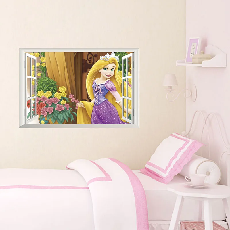 

3D View Window Disney Cartoon Princess Wall Stickers For Home Decor Kids Girls Rooms Mural Art PVC Wall Decals/adesivo de parede