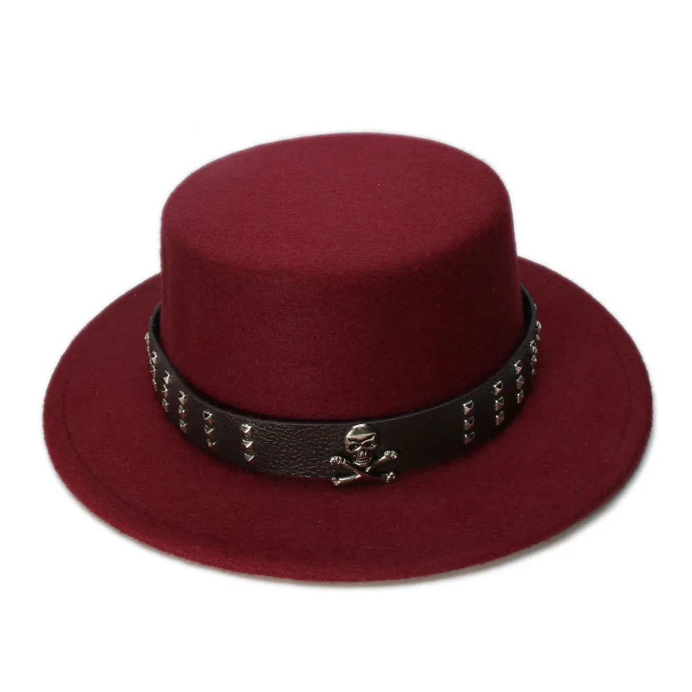 LUCKYLIANJI Women Men Vintage 100% Wool Wide Brim Top Cap Pork Pie Pork-pie Bowler Hat Skull Bead Leather Band (57cm/Adjust) straw fedora hat Fedoras