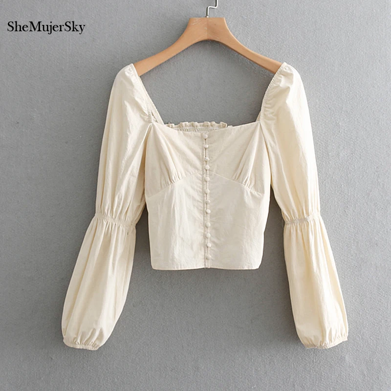 

SheMujerSky Vintage Blouse Women Short Ladies Tops Square Collar Retro Long Sleeve Womens Shirts blusas