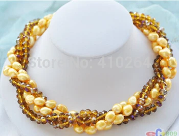 

free shipping $wholesale_jewelry_wig$ free shipping 4row 18" yellow baroque pearl faceted crystal bead necklace