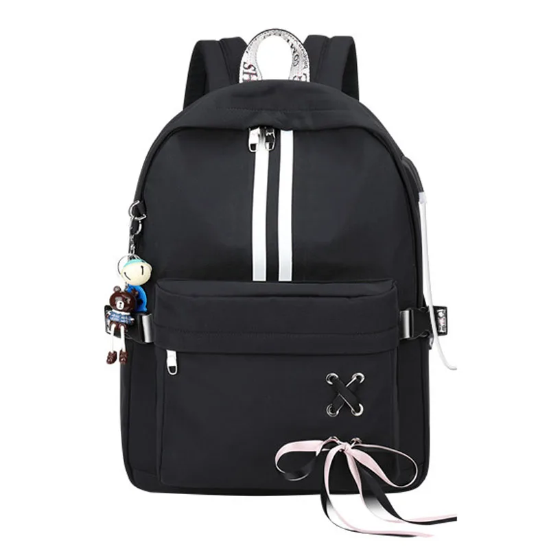 Высокое качество водонепроницаемый женский рюкзак корейский стиль USB Противоугонный персональный шнурок дизайн колледж светящаяся полоса дорожная сумка - Цвет: Черный