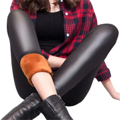 YRRETY женские зимние черные кожаные леггинсы теплые плюс бархатные флисовые леггинсы обтягивающие брюки эластичные леггинсы сексуальные женские - Цвет: K127 Black