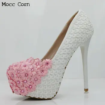 

Woman White Lace Flower Wedding Shoes Bride Crystal High Heels Round Toe Platform Shoes Women Pumps Party Bridesmaid Dress Shoes