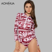 AONIHUA 2018 Retro Ancient mural printing Swimsuit for Women One Piece Swimwear Long sleeve Front zipper swimming Suit 9020 hxby front zipper one piece men swimsuit winter long sleeve male swimsuit professional quick dry sports wear for swimming