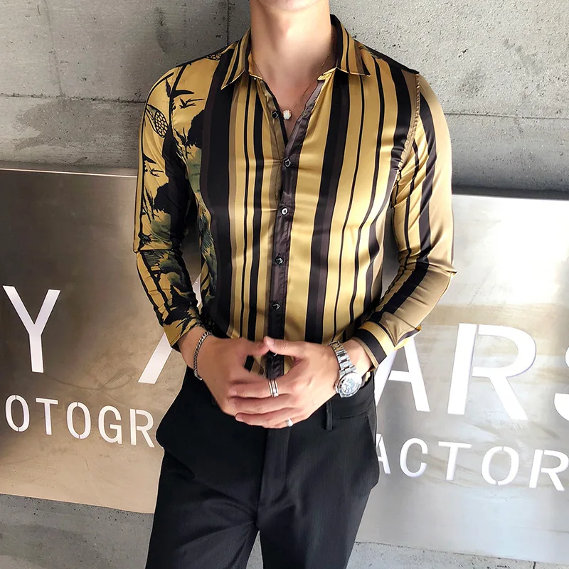 Luxury Gold Black Striped Shirt Men 2019 New Slim Fit Long Sleeve ...