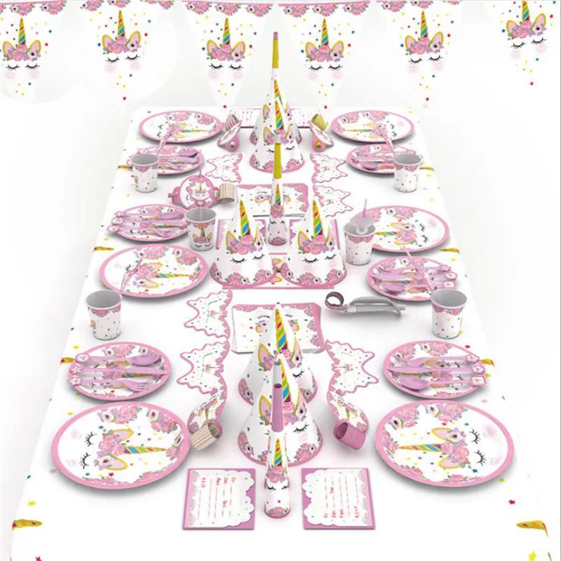 

Unicorn Plates/Cups/Napkins/Table Cover/Straws/Banner/Bag/Hat/Mask Baby Shower Party Table Runner Decoration Supplies