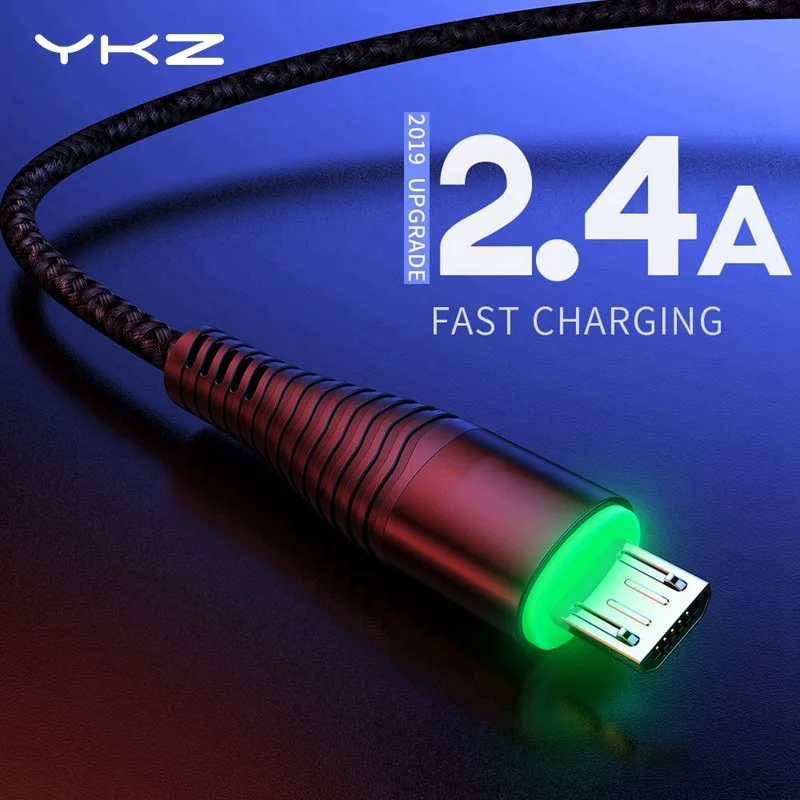 

YKZ LED Micro USB Cable 2.4A Fast Charge USB Data Cable for Samsung Xiaomi Tablet Android Mobile Phone Microusb Charging Cord 2M