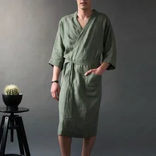 Льняная мужская длинная однотонная Пижама с v-образным вырезом, халаты с рукавом на запястье, простой мужской халат на шнуровке, Винтажный Мужской халат, Мужская Ночная рубашка