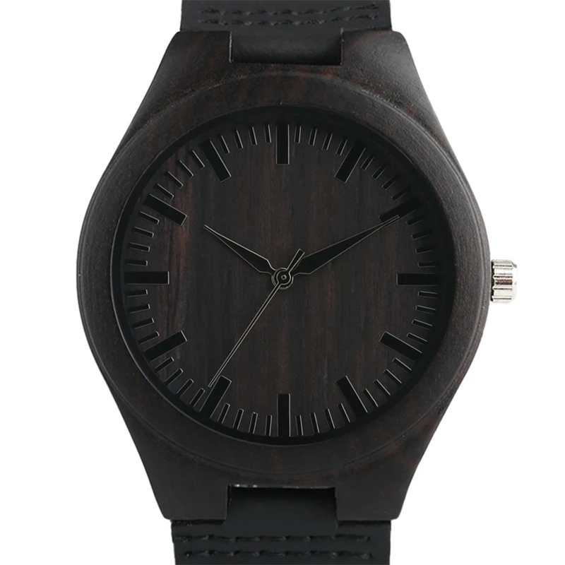 Unique Full Black Men's Ebony Wood Watch Luxury Gifts Light Bamboo Analog Quartz Wristwatch with Genuine Leather Reloj de madera