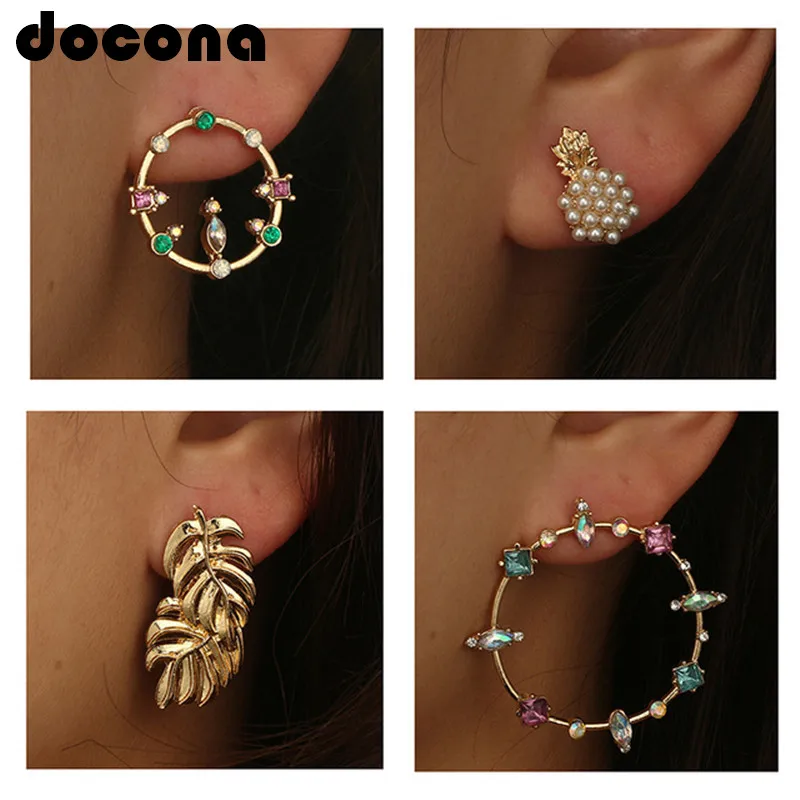 

docona Colorful Crystal Leaf Pineapple Studs Earrings Set for Women Gold Geometric Stud Earring Party Jewelry 5pcs/1set 4527