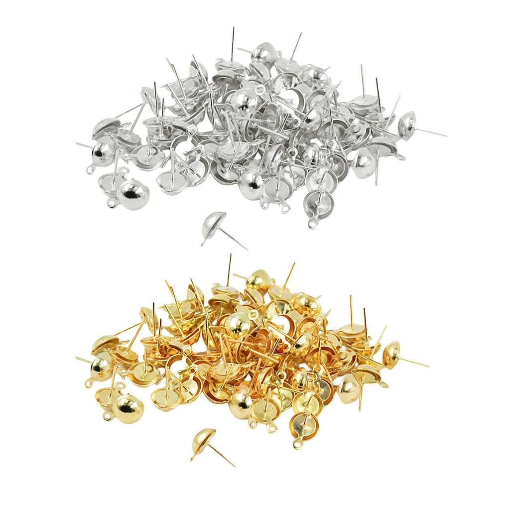100 Pieces 8 mm Half Ball Earring Ear Stud Pin with 1 mm Closed Loop DIY Earring Findings Making 14 X12 Mm