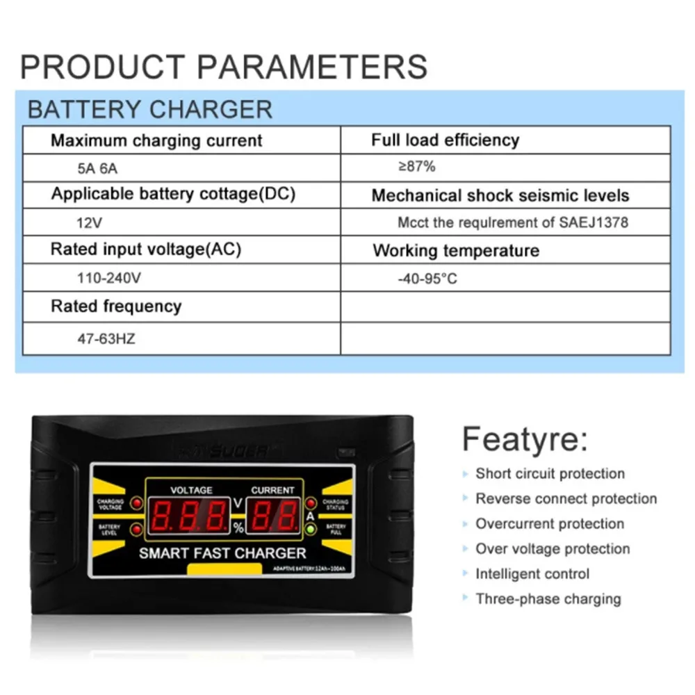 Car Battery Charging Units Full Automatic Car Battery Charger 150V-250V To 12V 6A EU Car Charger For Car Battery HD LCD Display