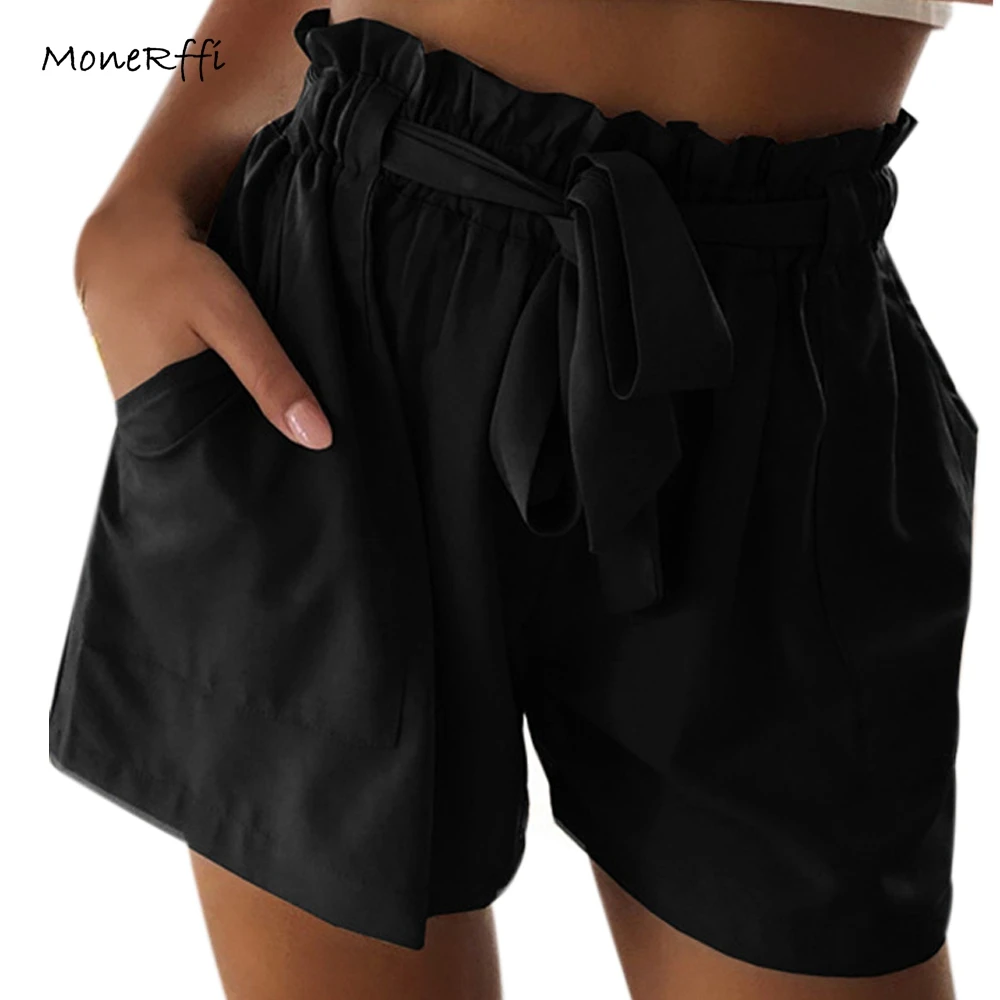 

MoneRffi Summer Women's Wide Leg Shorts High Waist Tie Belt Solid Color Elastic Band Shorts Casual Short Femme Beach Costume