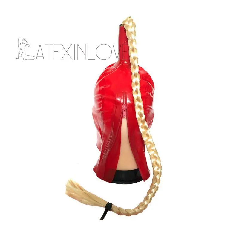 Sexy-Red-Latex-Hood-Mask-Fetish-Blond-Braids-Open-Red-Eyes-Mouth-Back-Zipper-with-One-Pigtails-2