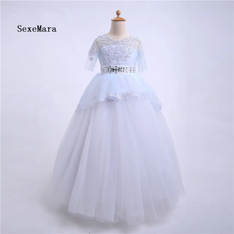 Real Picture New Lace Flower Girl Dresses Sky Blue Illusion O Neck with Glitter Beaded Sash Girls Birthday Dress Communion Gown Real Picture New Lace Flower Girl Dresses Sky Blue Illusion O Neck with Glitter Beaded Sash Girls Birthday Dress Communion Gown