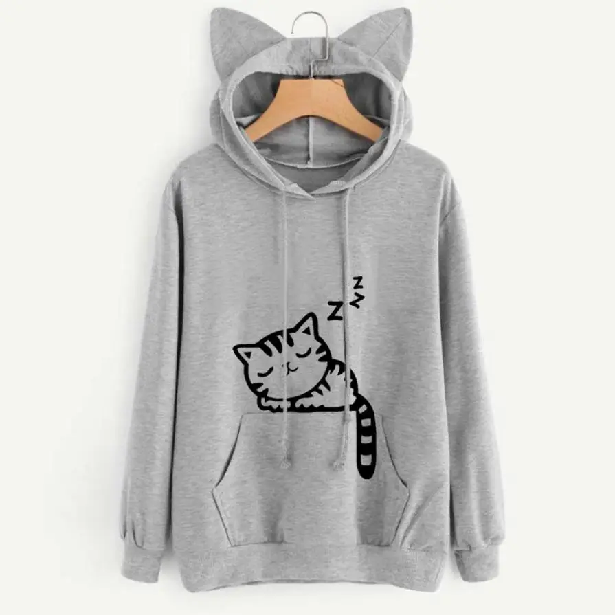  KANCOOLD T-Shirt high quality Cotton Printing Cat Long Sleeve Hoodie slim t-shirt Hooded Pullover T