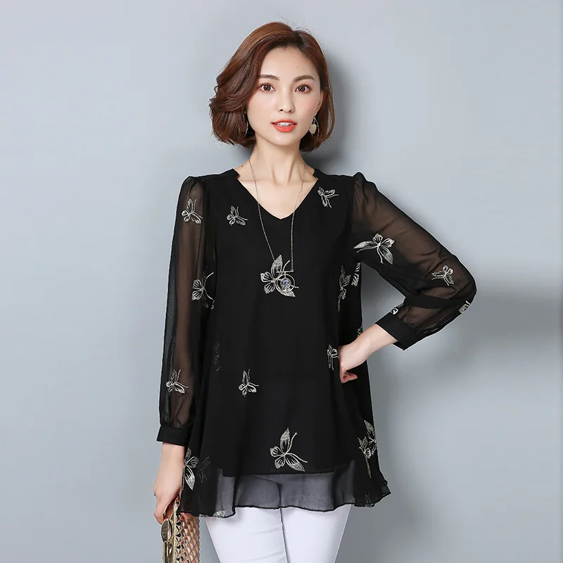 2018 الصيف المرأة الشيفون بلوزة فضفاضة زائد حجم 5xl 6xl القوس التطريز قمصان الموضة قمصان مكتب سيدة أعمال الأسود