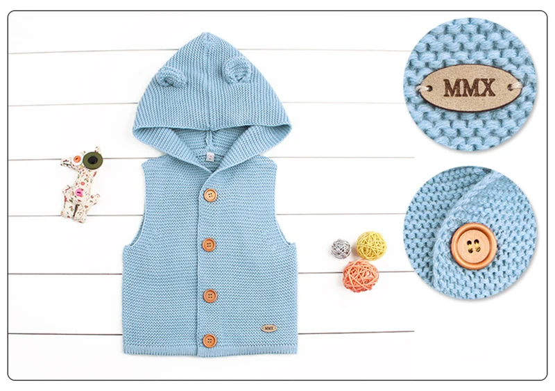 Для маленьких мальчиков и девочек Вязание жилет, жилет с капюшоном, зимний толстый теплый свитер ручной работы Одежда для новорожденных с милыми ушками шапка одежда CL5163