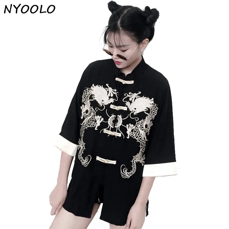 

NYOOLO design China style retro handsome spring summer dragon embroidered loose three quarter linen shirt women clothing tops