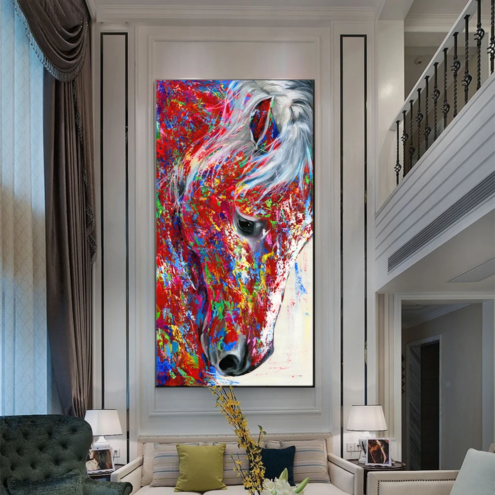 Прямая, холст, искусство, большой размер, голова лошади, картины маслом, красочные постеры с животными, Настенная картина для гостиной, домашний декор