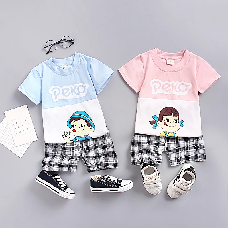 

Children Suit Short Sleeve Cotton Cartoon Shirt Tops O-neck Blouse T-shirt+Shorts Set Smile Plaid Short Outfits Sets 2019
