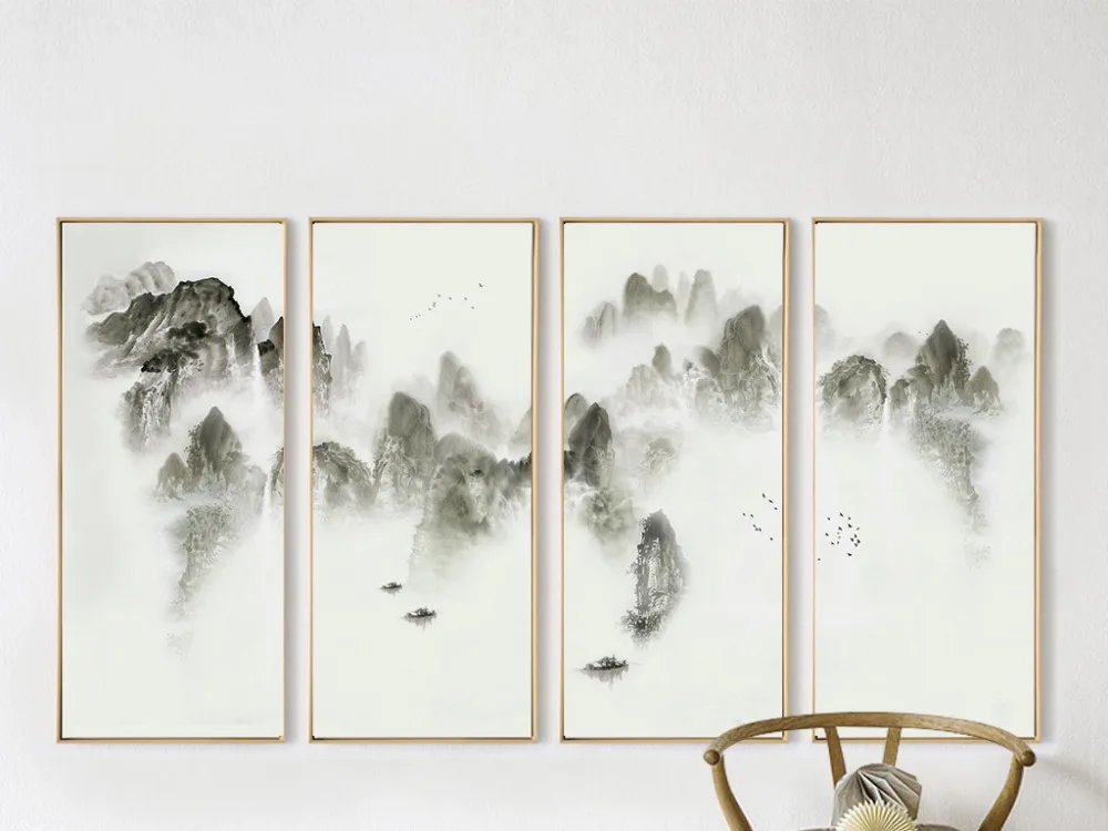 

New landscape in Chinese ink of the Misty Zen quadruple framed unframed decorative painting