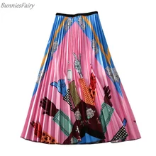 Новинка года от BunniesFairy, Женская сатиновая юбка средней длины с цветочным принтом и эластичной талией, плиссированная юбка средней длины для пляжного отдыха