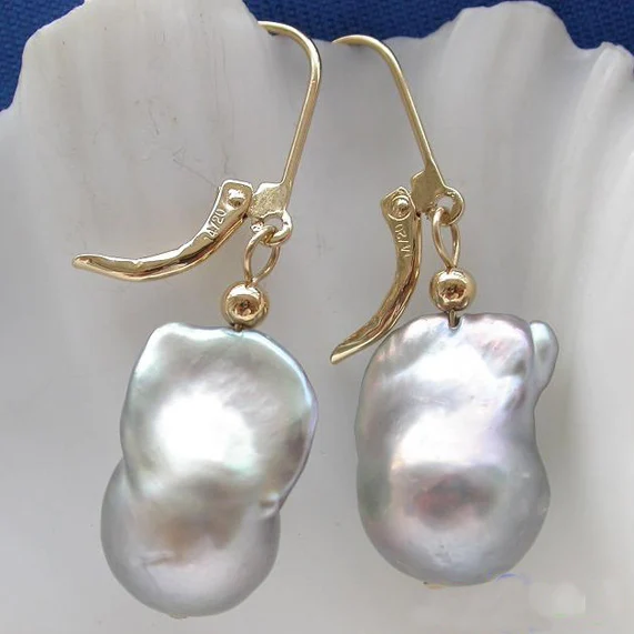

Elegant 100% Genuine Freshwater Pearl Dangle Earrings For Women,18mm Gray Baroque Pearl Jewellery