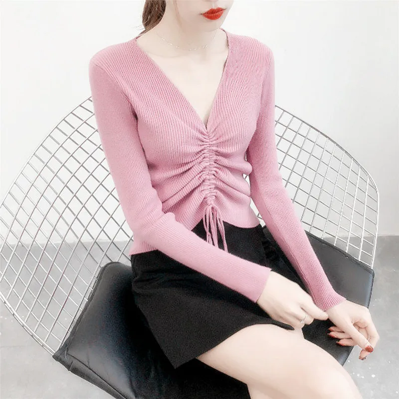 Sexy Ribbed Winter Drawstring Tie Knitted Sweater Cashmere Women Sweaters And Pullovers Autumn Long Sleeve Sweater Jumper D274