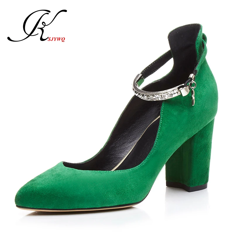

KSJYWQ Green color Women pumps 7.5 cm Chunky heel shoes Genuine leather Wedding shoes Woman on platform pumps Box Packing H858