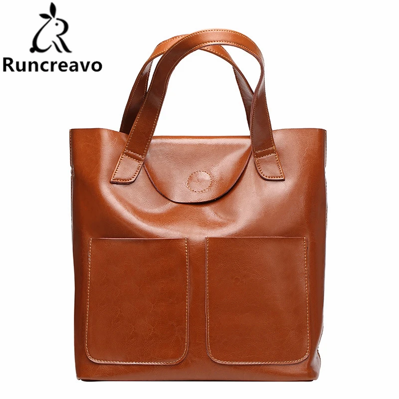

2018 Women Handbag Oil Wax Genuine Leather Top-handle Bags Large Capacity Tote Bag Female Shoulder Bags