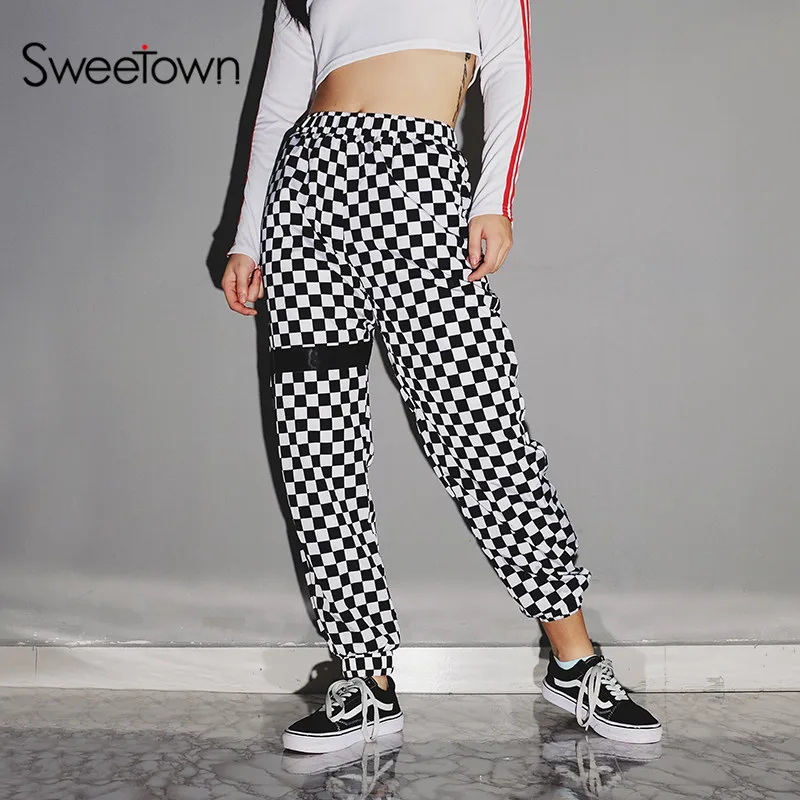 

Sweetown Checkerboard Track Pants Trousers Women Patchwork Pantalon Femme Streetwear Autumn 2019 Plus Size Harajuku Sweatpants