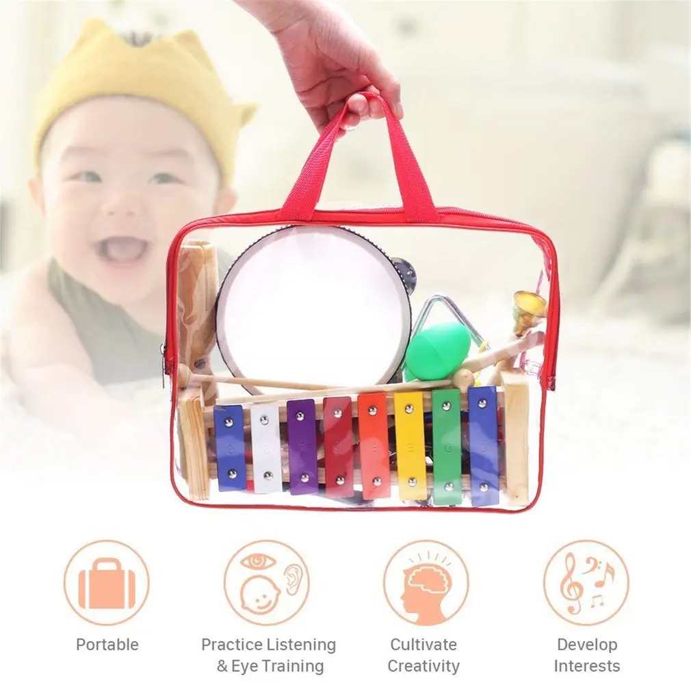 

HOT Kids Musical Instruments Tamborines Drum Set 13Pcs Xylophone Percussion Toy with Carrying Bag Early Music Educational Tool