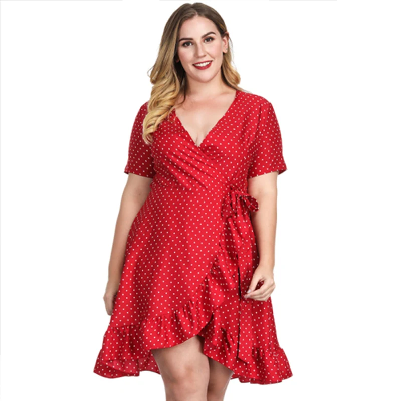 

WHZHM Vintage Sashes A-Line Party High Waist Plus Size 3XL 4XL Dress Women V-Neck Dot Casual Short Sleeve Casual Ruffles Dress