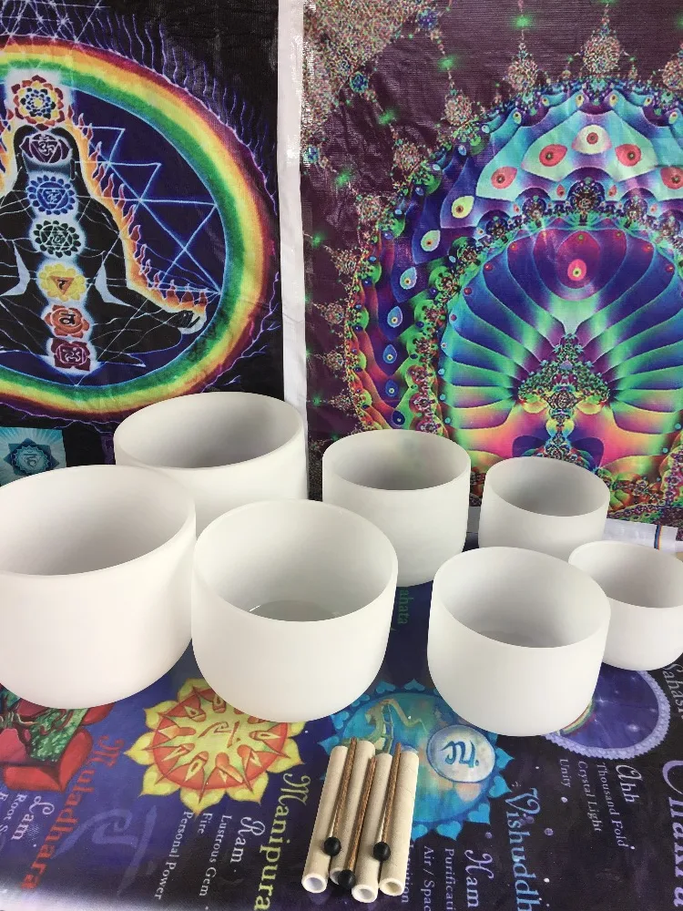 

Perfect Pitch Chakra set frosted crystal singing Bowl 8"-14" 7 PCS CDEFGAB Frosted Quartz Crystal Singing Bowls