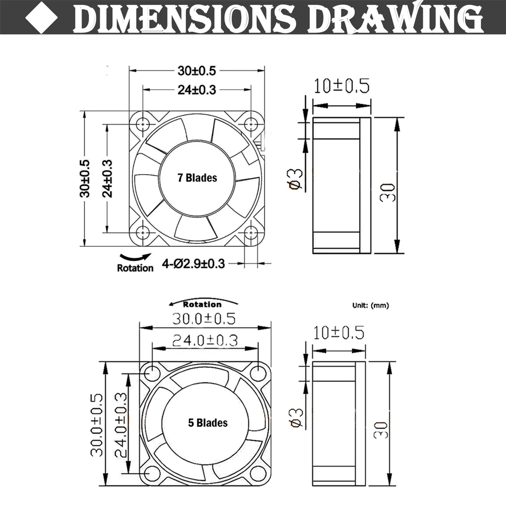 5v, 12v, 24v, 2 pinos, 3cm, 30x30x10mm, micro dc, 5 peças