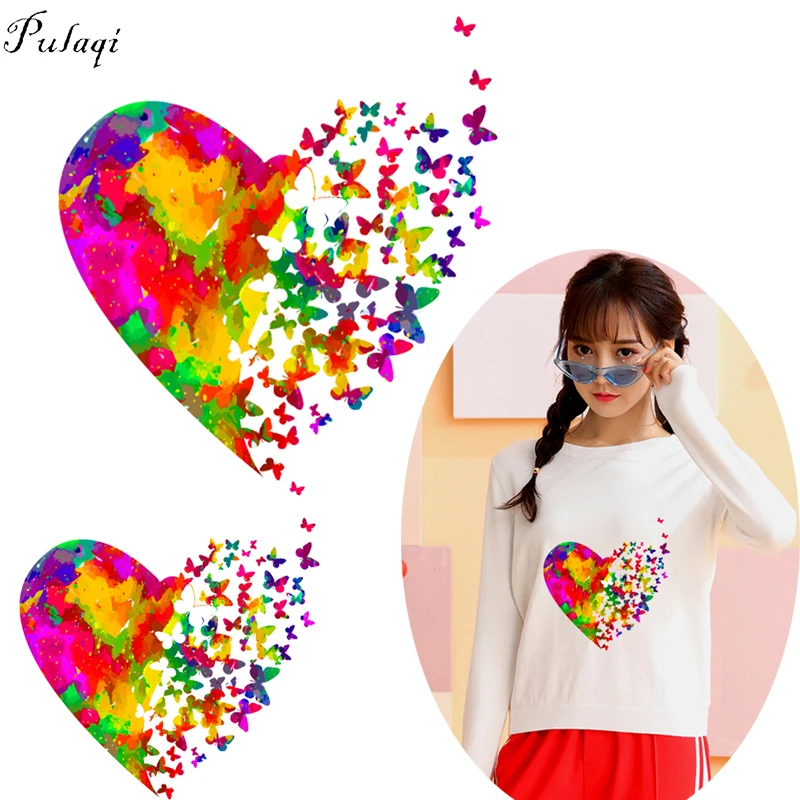 

Pulaqi Colorful Love Butterfly Heat Iron-On Transfer Vinyl Heat Transfer Ironing Thermal Stickers On T-shirt DIY Summer Patch F
