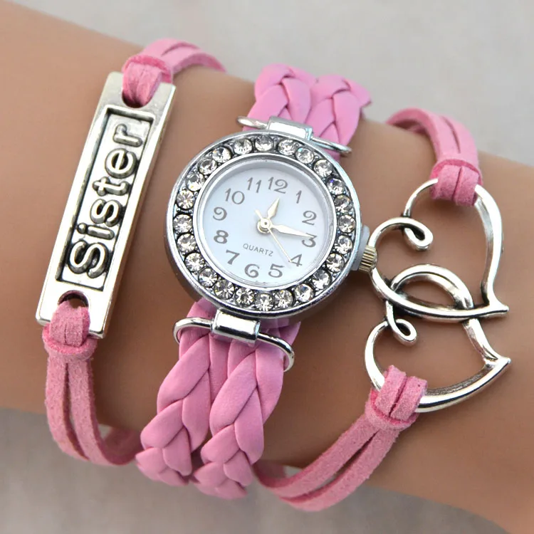 

Fashion Simple Women Bracelet Watches Pink Zinc Alloy Sister Love Ladies Wrist Watches Clock