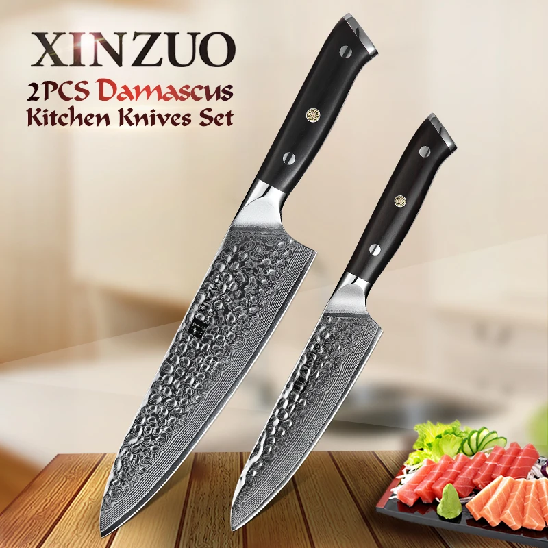  XINZUO 2 PCS Knife Set Damascus Stainless Steel VG10 Utility Chef Knives Sets Santoku Utility Parin - 33020429839